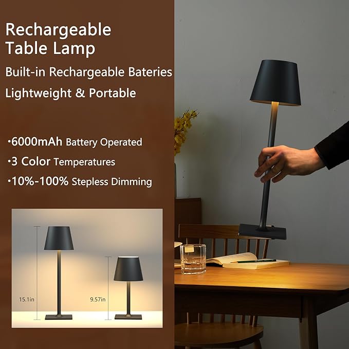 Fizrice 4 Pack Cordless Table Lamps, Portable Rechargeable Lamp, 6000mAh Battery Operated, 3 Color Dimmable LED Table Light for Restaurant/Bedroom/Outdoor Party/Camping/Cafe Night Light(Black)