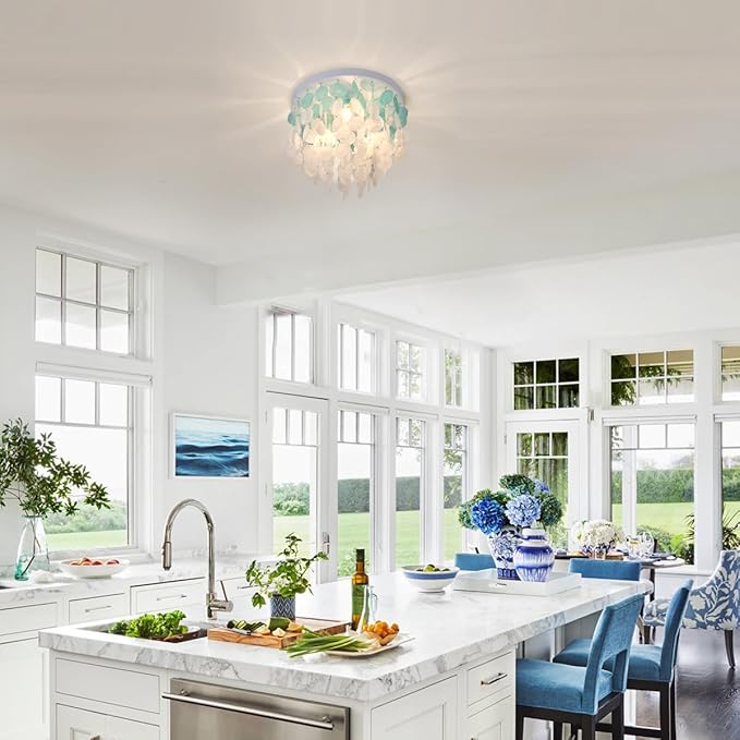13.8" Capiz Shell Ceiling Light Fixtures 3 Lights Boho Shells Flush Mount Light for Bedroom, Kitchen Island, Bathroom, Entryway, Hallway, White and Blue