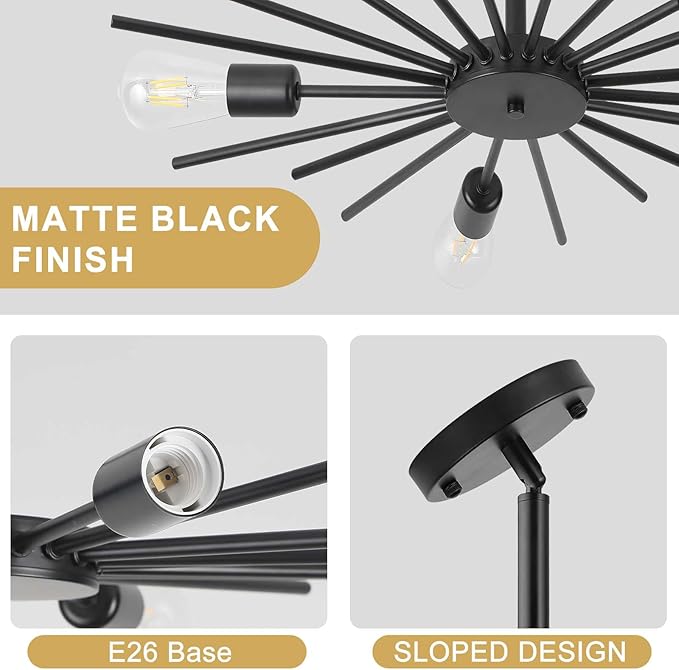 Black Semi Flush Mount Ceiling Light, 27.5 Inch 5-Light Large Sputnik Flush Mount Light Fixtures, Farmhouse Industrial Sloped Ceiling Lighting for Kitchen, Entryway, Bedroom, Living Room