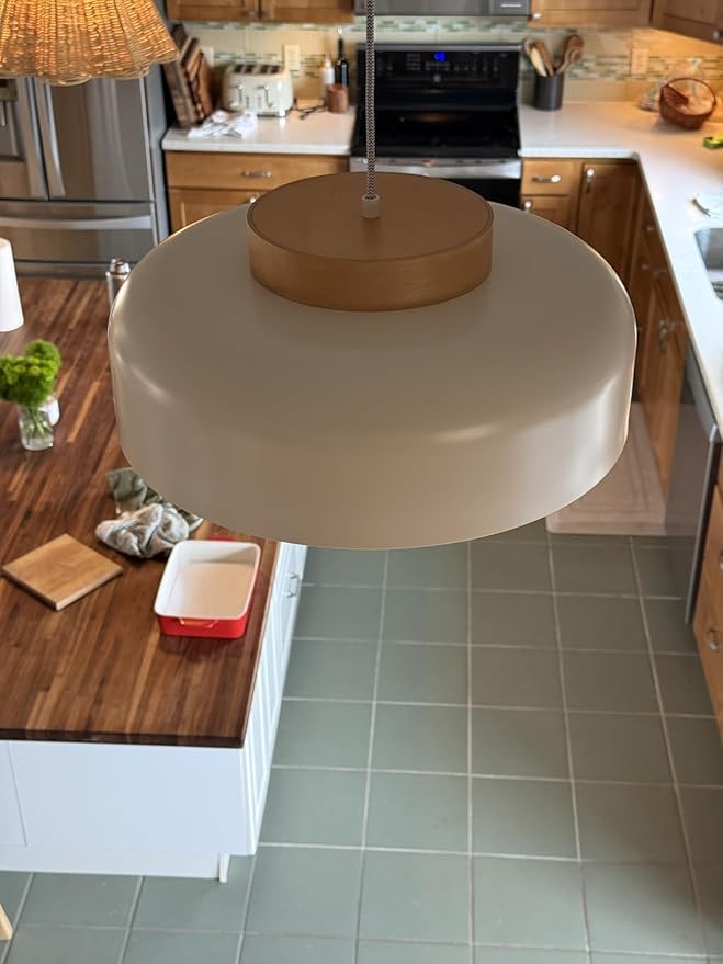 Modern Large Pendant Light, 17.7 inch,Cream Lampshade,Natural Wood,Simple Chandelier for Dining Room,Kitchen Table