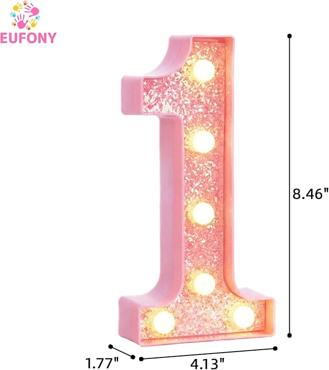 Pink Light Up Marquee Numbers, Glitter LED Number Lights Signs Battery Operated for Girls 1st 10th 12th 16th Pink Birthday Party Table Decorations, 8 Inch Tall Number 1 with Warm White Lights