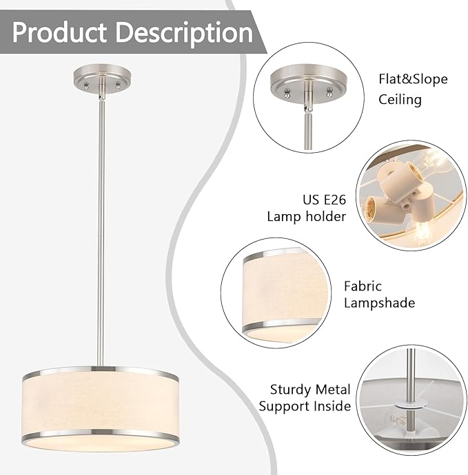 12.6" Drum Pendant Light Fixture 3-Light Brushed Nickel Chandelier with Fabric Shade for Kitchen Dining Room Living Room Bedroom