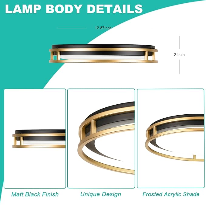 13 Inch LED Flush Mount Ceiling Light Fixture, 26W, Super Bright 1700 Lumens, 3 Color 3000K/4000K/5000K, Dimmable Ceiling Lamp for Bedroom Hallway Bathroom Kitchen Laundry (Black Gold)