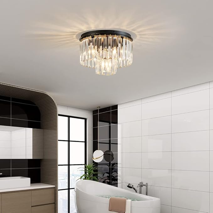AGV LIGHTING Crystal Ceiling Light Fixture, Modern Semi Flush Ceiling Light, D12 x H8, E12 Base 3-Lights, Black Finish