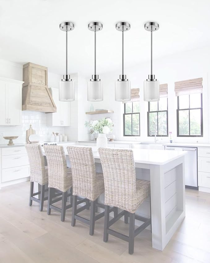 1-Light Mini Pendant Light Fixtures, 2-Pack Modern Hanging Ceiling Light, Adjustable Height, Brushed Nickel Pendant Lighting with Dual Glass for Kitchen Hallway