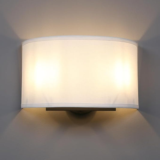Yosoan 2-Light White Fabric Boho Wall Sconce Indoor Hallway Light Fixture, Dual Vintage Industrial Aged Hardwired Sconces Wall Lighting Semicircle Textile Shade for Bedroom Living Room Corridor Study