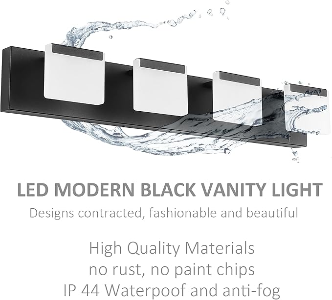 Ralbay 4 Light Black Bathroom Vanity Light Fixtures Acrylic Matte Black Vanity Light Fixtures LED Modern Bathroom Vanity Lights Over Mirror