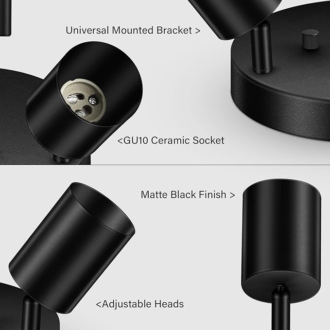 LED 3 Light Track Lighting Kit, LED Track Lighting Fixtures, Black Round Ceiling Spot Lighting, Flexibly Rotatable Light Head for Kitchen, Living Room, Bedroom, GU10 Bulb Not Included