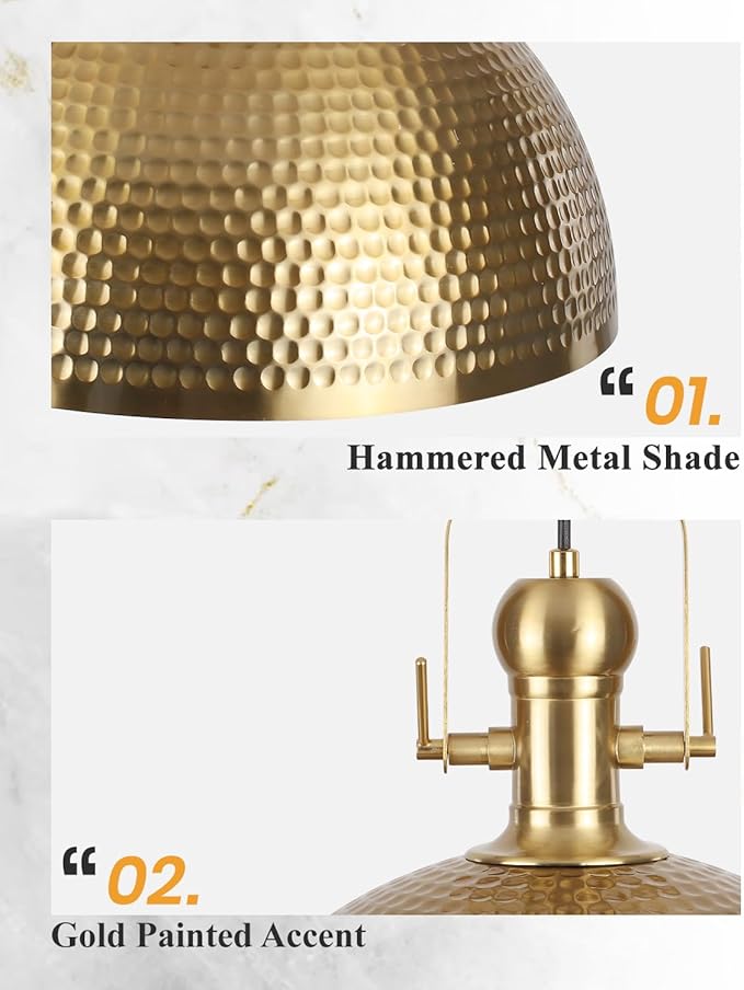 15.7 Inch Gold Pendant Light 2 Pack, Hammered Industrial Pendant Lights，Fixtures Adjustable Height Dome Pendant Light for Dining Room Bedroom Bar