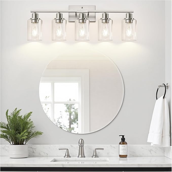 Indoi 5-Light Bathroom Light Fixtures, Brushed Nickel Bathroom Vanity Light with Clear Glass Shades, Modern Bathroom Wall Lamp for Mirror Living Room Cabinet Bedroom Porch