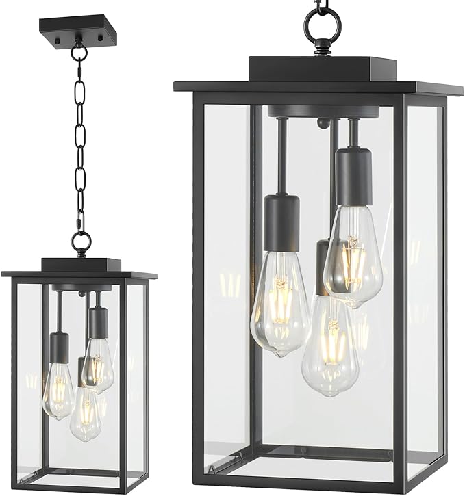 Outdoor Pendant Light Fixture E26 3-Light Modern Black Metal Outside Chandelier Exterior Hanging Fixture Ceiling Mount with Clear Glass for Porch Front Door Entrance Entryway, 1 Pack