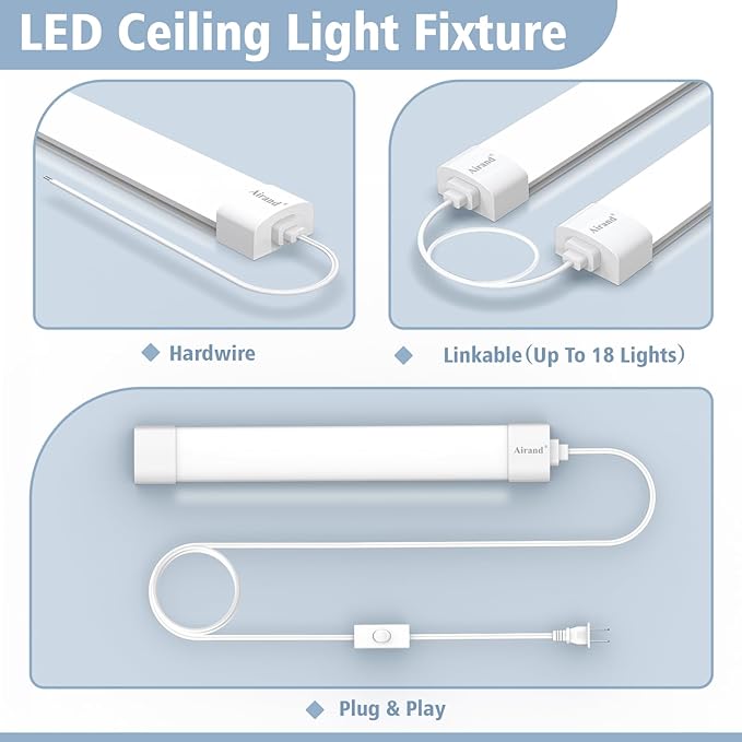 Airand LED Ceiling Light Fixture, 1.43FT Plug in Lights 2PCS, IP66 Water-Proof Linkable Tube Lights 5000k 16W Light Bar Under Cabinet Lighting Shop Kitchen Workbench Closet Corded with ON/Off Switch