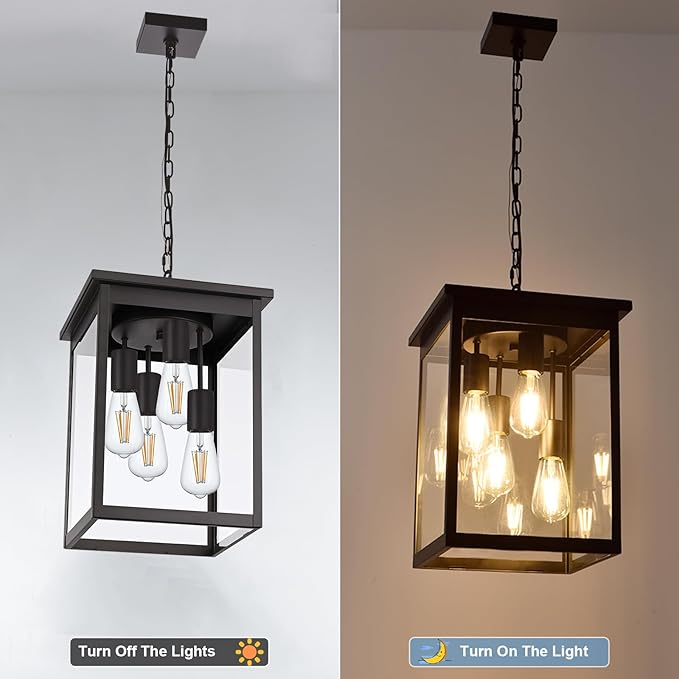 Yaohong 4-Lights Outdoor Pendant Light Fixture with Clear Glass, Oil Rubbed Bronze Farmhouse Exterior Ceiling Hanging Light Fixture with Adjustable Chain, Outdoor Hanging Lantern for Porch Entrance