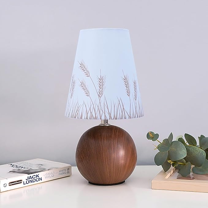 Vintage Wooden Base Fabric Night Lamp, Adjustable Light Color and Brightness with Power-Off Memory, Safe USB Powered, Retro LED Table Light for Bedroom Living Room Office (Wheat)