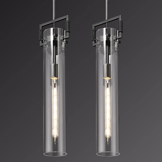 Black Pendant Light Glass for Kitchen Island Set of 2, Adjustable Hanging Chandelier with Glass Shade Modern Pendant Light Fixture for Farmhouse, Dining Room,Bedroom,E26 Bulb Included