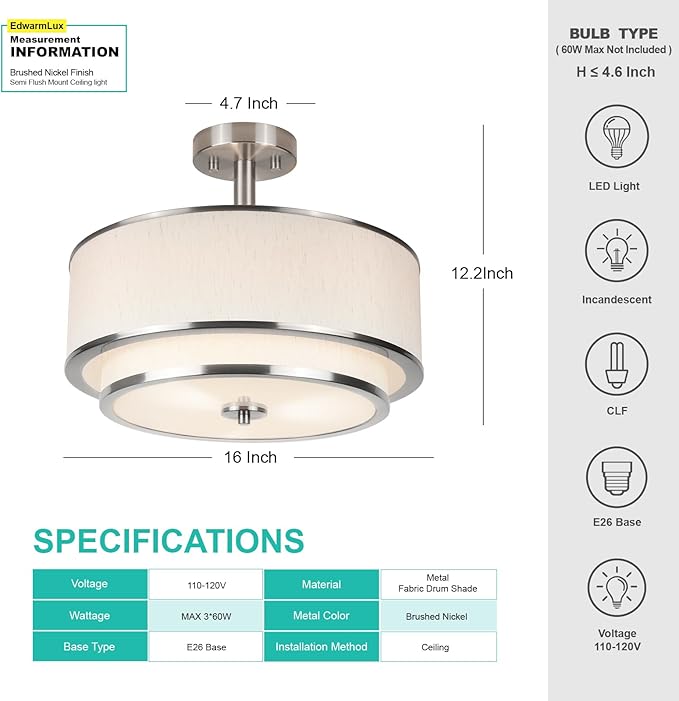 3-Light Semi Flush Mount Ceiling Light, 16" Drum Light with White Fabric Shade, Modern Close to Ceiling Lamp for Living Room Bedroom Dining Kitchen Hallway Entry (Brushed Nickel)