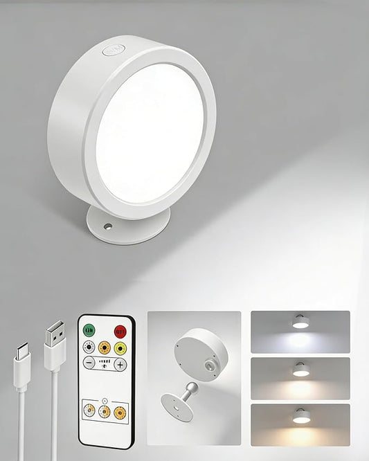EZVALO LED Wall Mounted Light, 3000mAh Rechargeable Cordless Wall Sconce, 3 Color Temperatures, Dimmable with Remote & Touch Control, 360° Rotatable for Bedroom, Bedside, Reading, Study (White)