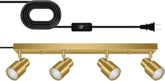 Plug in Track Lighting, 23" LED Track Light Fixtures Ceiling, Gold 4 Way Spotlight, Rotatable Light Head, Plug in Ceiling Light with Power Cord, Plug Wall Light for Kitchen Hallway Bar(GU10, NO Bulb)