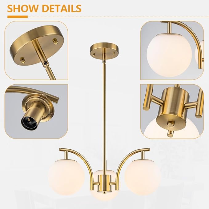 Gold Sputnik Chandelier 3 Light Milk Glass Globe Hanging Light Modern Pendant Light Fixture for High Ceiling Kitchen Bedroom Dining Living Room