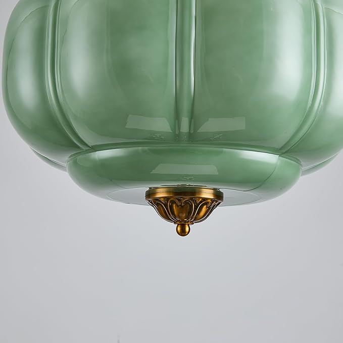 15-Inch Vintage Semi Flush Mount Ceiling Light, Green Glass Chandelier with Antique Brass Finish, Mid Century Modern Schoolhouse Pendant Light Fixtures for Kitchen, Hallway, Dining Room