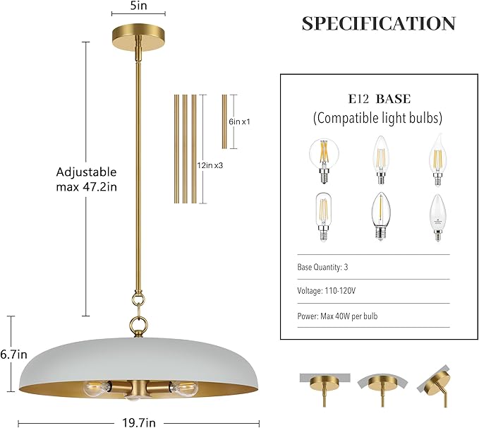 19.7 Inch Extra Large Pendant Light, 3-Light Gray and Gold All Metal Pendant Lighting Fixture, Oversized Modern Dome Chandelier Ceiling Hanging for Kitchen Island Dining Room Living Entryway