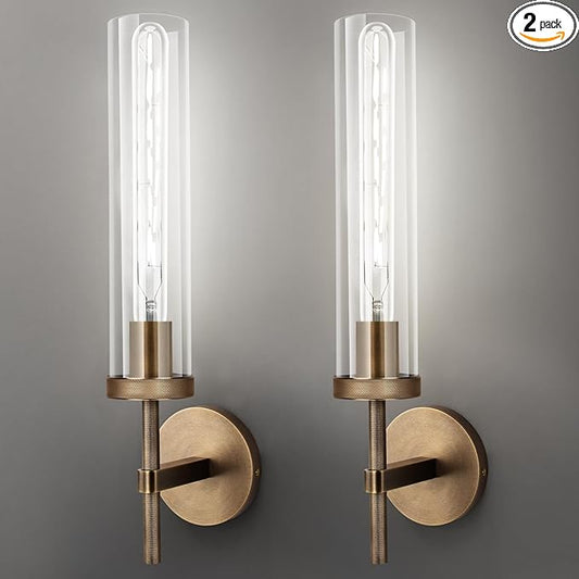 Bronze Wall Sconces Set of Two with White Lights, 19.5'' Brushed Brass Knurled Bathroom Sconces Wall Lighting Vanity Light with Clear Glass for Living Room Mirror Bedroom Stairs