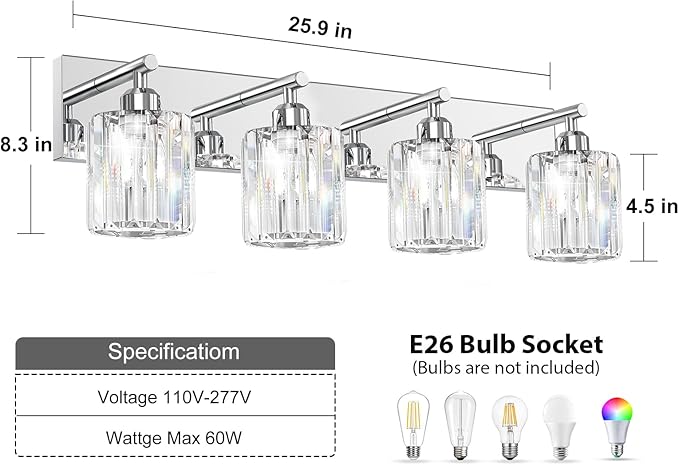 Brushed Chrome Crystal Bathroom Vanity Light, 4-Light Modern Bathroom Lighting Fixtures Over Mirror,Chrome Wall Sconce Light Fixtures with Round Shade