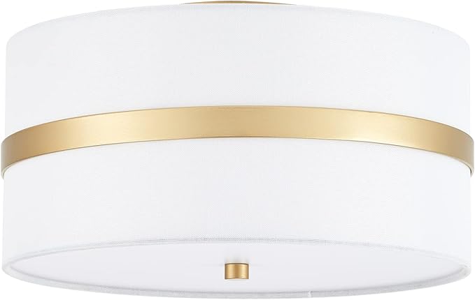 Semi Flush Mount Ceiling Light Fixture, Thin Pale Gold Brush Paint Finish Modern Ceiling Lamp with Cream White Fabric Drum Shade for Nursery Kids Room Bedroom Kitchen Hallway Entryway 3-Light