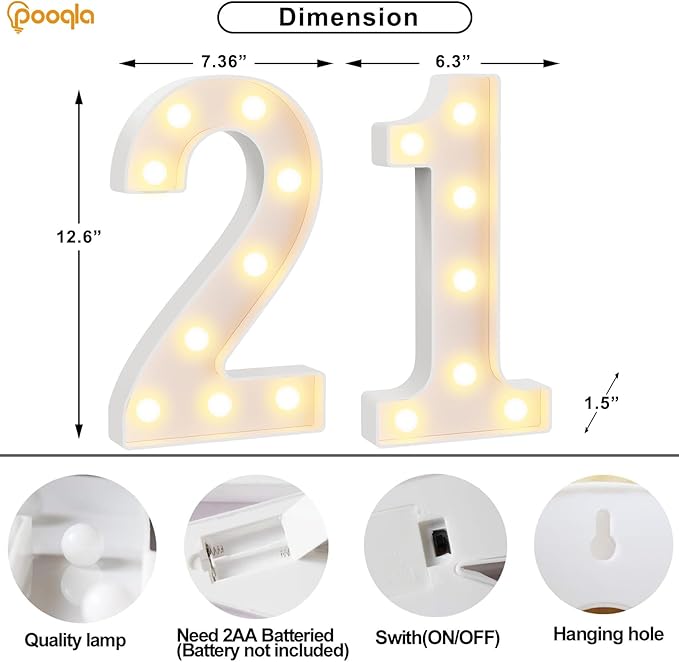 Pooqla 21st Birthday Decorations for Her Him, Large 12.6 in Tall Light Up Numbers for Party Decorations Table Decor, Big Marquee Numbers 21st Birthday Gift for Women Men Wedding Anniversary Decor