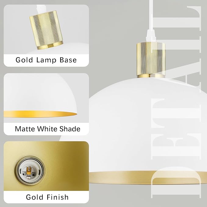 White Gold Pendant Lights Kitchen Island, 11.8" Modern Dome Pendant Light Fixtures Farmhouse Hanging Lights for Dining Room Hallway Sink Entryway