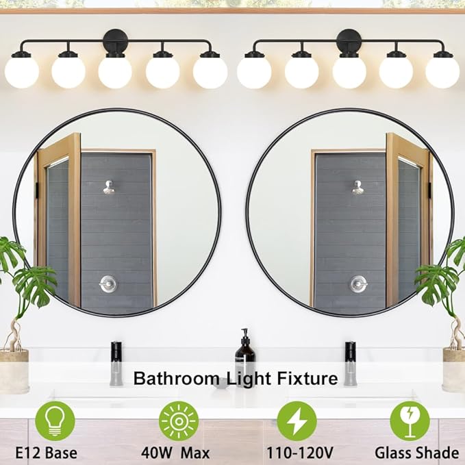 Bathroom Light Fixtures Over Mirror, 5-Light Matte Black Vanity Lighting with Milk White Glass Globe Shades Modern Wall Sconce
