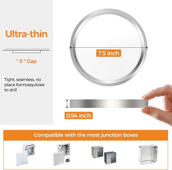 slochi LED Flush Mount Ceiling Light Fixture, 3000K-4000K-6500K & 100W Equivalent Modern Kitchen Recessed Ceiling Lamp 15W 1500Lm 7.5 Inch Closet Round Surface for Bathroom Laundry-Brushed Nickel