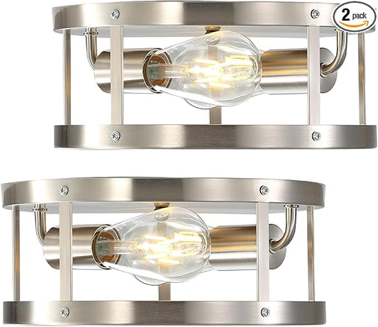 Farmhouse Semi Flush Mount Ceiling Light, Brushed Nickel 11inch 2-Light Metal Cage Light Fixture Ceiling Mount, Industrial Closed to Ceiling Mount Lamp, 2 Pack