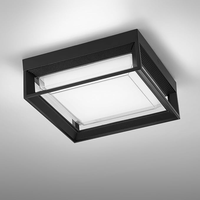 Square Flush Mount Outdoor LED Ceiling Light Fixture, 120V 24W 6000K Whitelight 9 inch Medium Overhead Porch Patio Balcony Lights Ceiling Mounted, Waterproof Suitable for Wet Areas, Black