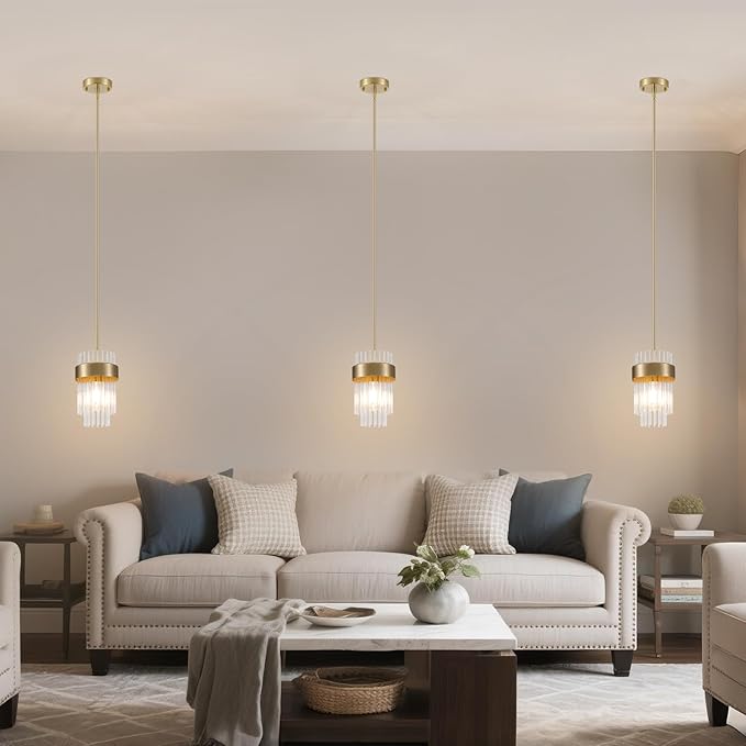 Dijiahua Gold Pendant Lights Kitchen Island 3 Pack,Modern Crystal Pendant Light Fixtures Over Table, Mini Brass Dining Room 1-Light Chandelier,Adjustable Cord Hanging Lamp for Bedroom,Hallway