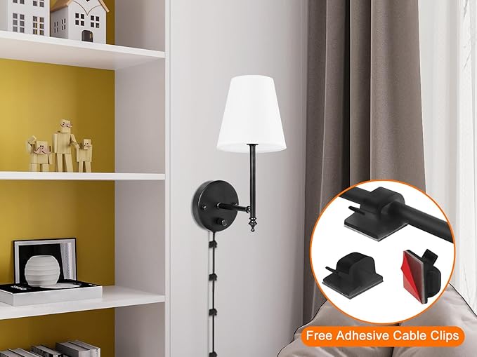 GOODATE 14.1 inch Wall Sconces Set of Two with Remote Control, Dimmable, Adjustable Colors 2700-6500K, Plug in Wall Sconces with White Fabric Shades, Plug in Wall Light, Black