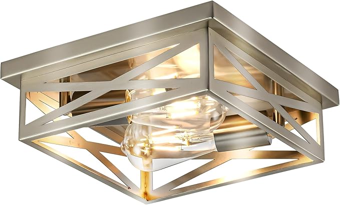 Farmhouse 2-Light Semi Flush Mount Ceiling Light Fixture, Modern Metal Cage Brushed Nickel Square Close to Ceiling Lamp, E26 Base Chandelier Ceiling Mount, Pendant Lighting for Hallway