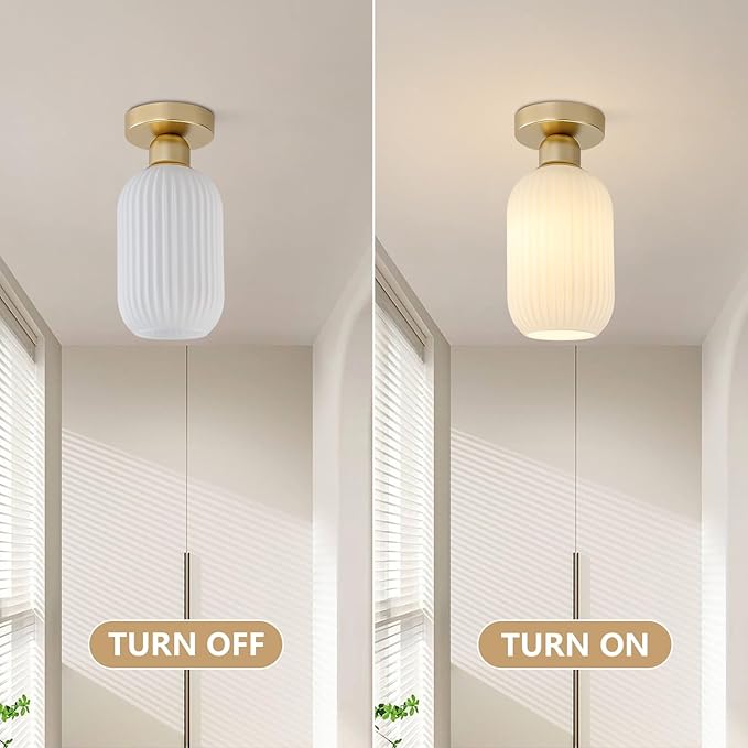 KCO Milk Glass Flush Mount Ceiling Light Mini Ribbed White Glass Mid Century Modern Semi Flush Mount Brass Bathroom Ceiling Light 11.4" x 5.5" x 4.7" Gold & White