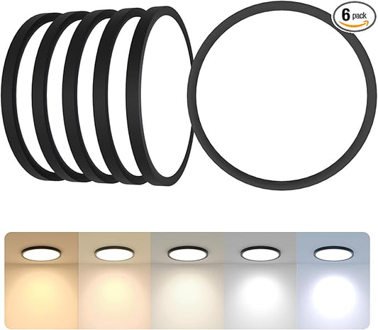 6Pack LED Flush Mount Ceiling Light Fixture Black,12Inch 24W 2640LM,Dimmable 5 CCT Selectable (2700K-6500K),Round Flat Panel Light for Bedroom,0.7Inch Thin Modern Low Profile Design for Hallway