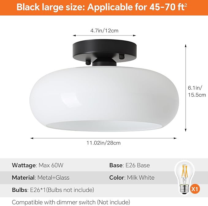 Semi Flush Mount Ceiling Light, Mid Century Modern Black Light Fixture with Milk Glass Shade 11.02''Vintage Ceiling Lamp for Entryway Hallway Foyer, Laundry Room, Schoolhouse