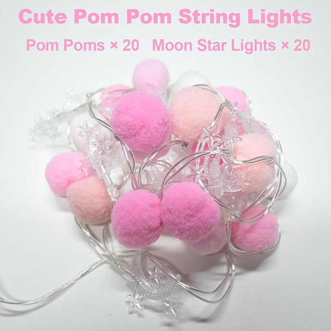 ChiRee Indoor String Lights 6.56 Feet Pom Poms Moon Lights 20 LED Battery Operated String Fairy Lights Warm White Globe Lights Colorful Decor Lights for Home Bedroom Kids Playhouse Holiday Christmas
