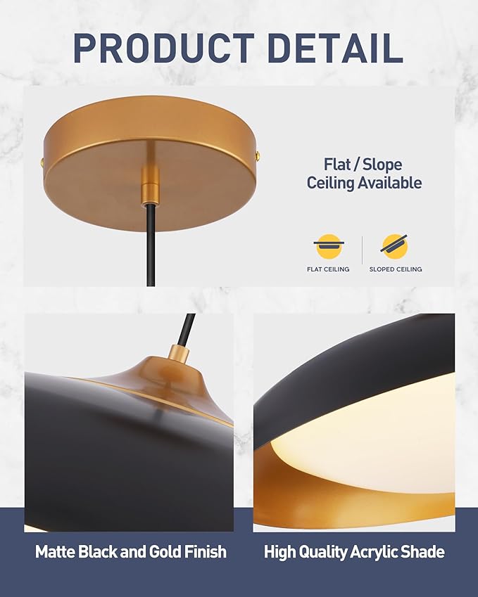 kudos 21 Inch Large LED Large Pendant Light, Black and Gold Dome Metal Pendant Light with Acrylic Shade, Farmhouse Pendant Light with Adjustable Cord,5CCT, Kitchen Bar Study Room, KDPL02-BK-L