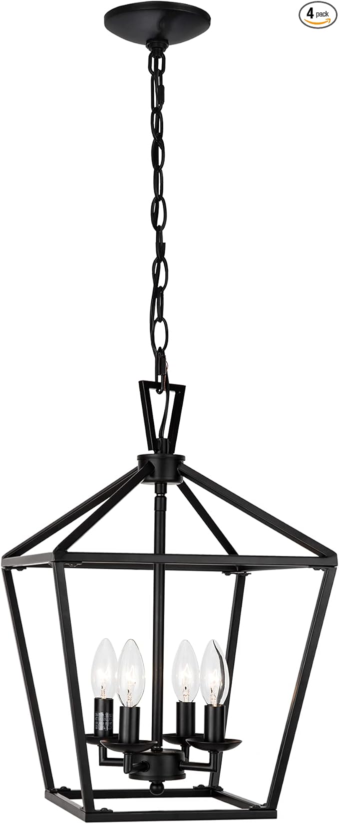 Untrammelife 4-Light Black Lantern Pendant Light, Adjustable Height Square Cage Chandelier 11''W Rustic Hanging Lighting Fixture for Dining Room Kitchen Island Foyer