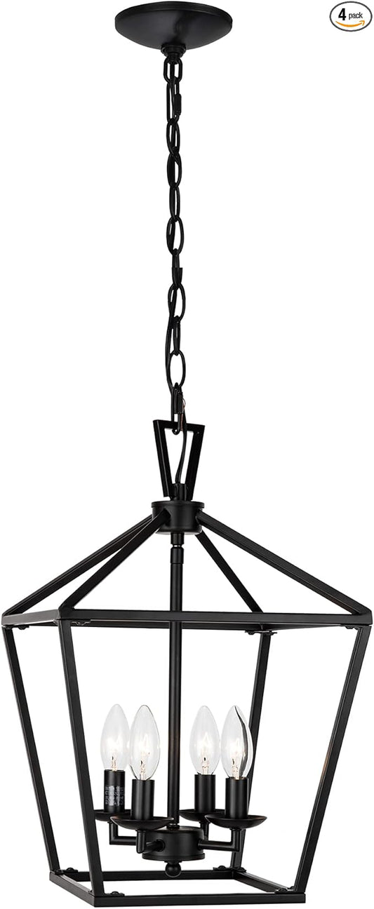 Untrammelife 4-Light Black Lantern Pendant Light, Adjustable Height Square Cage Chandelier 11''W Rustic Hanging Lighting Fixture for Dining Room Kitchen Island Foyer