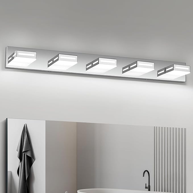 LED Modern Bathroom Light Fixtures, 5-Light 40-Inch Chrome Vanity Lights for Bathroom Lighting Fixtures Over Mirror, 6000K Cool White 350° Rotatable Wall Lamp