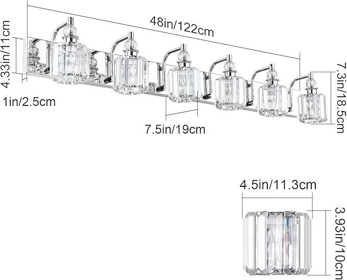 Ralbay Crystal Vanity Lights 6 Light 48" Modern Crystal Bathroom Lights Fixtures Over Long Mirror Stainless Steel Chrome Vanity Light for Bathroom Wall Lights Fixtures