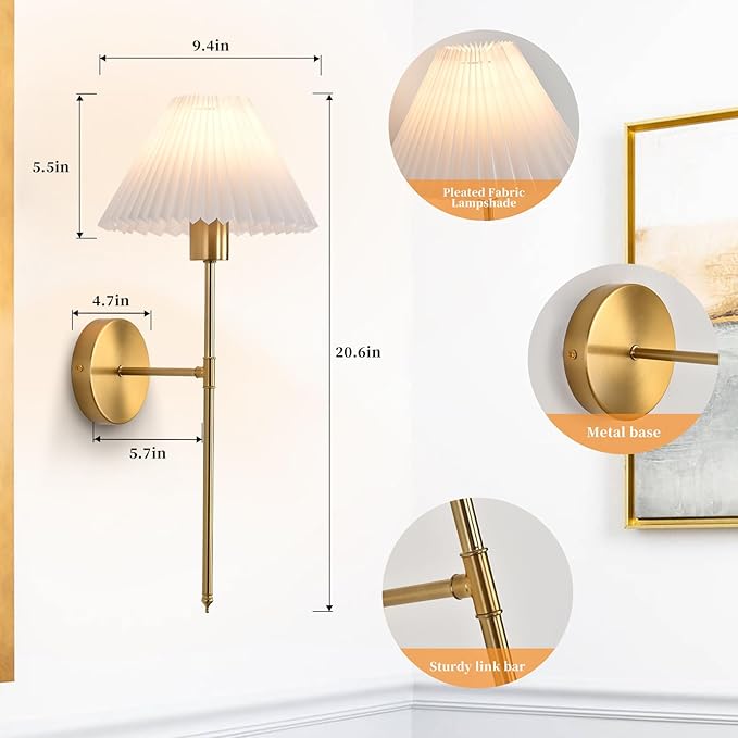 Rechargeable Wall Sconces Set of 2, Gold Battery Operated Wall Lights with Remote, Dimmable Pleated Shades Wall Lamp, 15 Colors Wireless Bathroom Vanity Wall Sconce for Bedroom Living Room Hallway