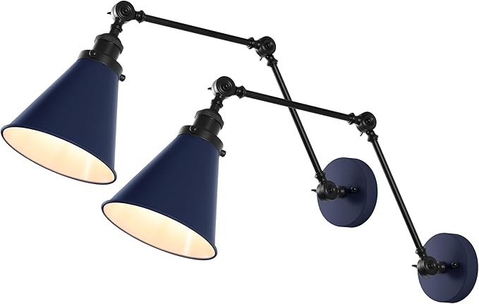 JONATHAN Y 7" Navy/Black Classic Industrial Metal Adjustable Arm LED Wall Sconce for Bedside Reading, Farmhouse Swing Arm Wall Lamp with Metal Shade, Hardwired (JYL7462G-SET2)