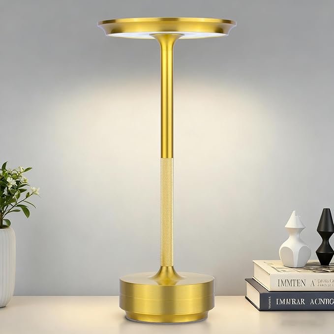 UdoUto Cordless Table Lamp Rechargeable - 5000mAh Battery Operated LED Table Light with Touch Stepless Dimming & 3 Color Modes - Portable Gold Metal Outdoor Lamp for Patio, Restaurant, Bedroom