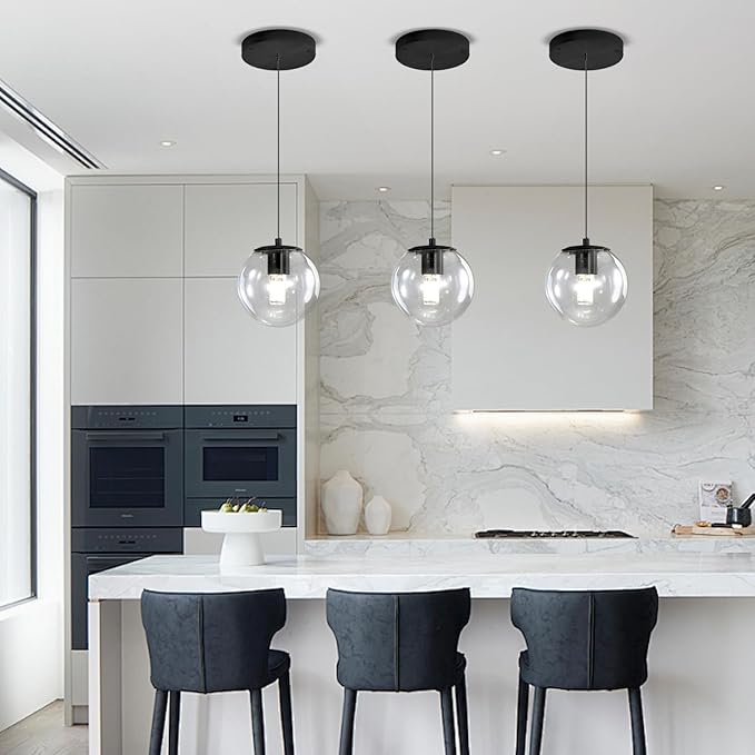 ykolupty Globe Pendant Light Black Pendant Light Fixtures with Clear Glass 1-Light Hanging Lights for Kitchen Dining Room Bathroom Bedroom Hallway